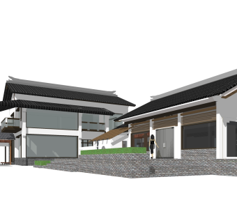 新中式办公楼草图大师模型，办公楼sketchup模型免费下载