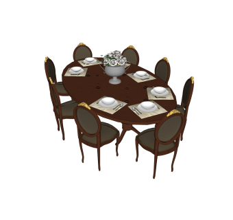 简欧餐桌椅su模型，椭圆形餐桌家用餐桌草图大师模型下载