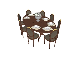 简欧餐桌椅su模型，椭圆形餐桌家用餐桌草图大师模型...