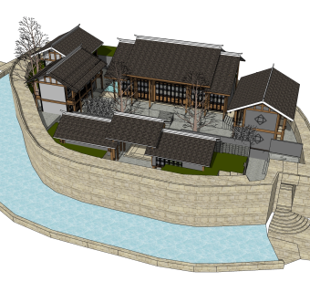 中式别墅建筑草图大师模型，古建民俗sketchup模型免费下载