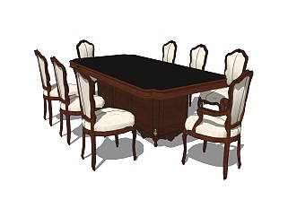 美式餐桌椅su模型，八人餐桌长餐桌草图大师模型下载