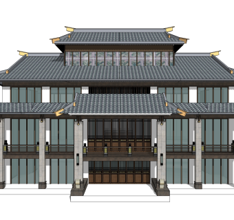 中式售楼处建筑方案草图大师模型，建筑构件sketchup模型免费下载