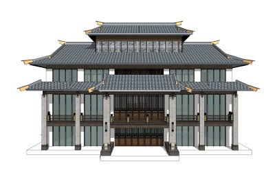 中式售楼处建筑方案草图大师模型，建筑构件sketchup模型免费下载