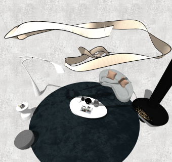 现代飘带吊灯异形沙发茶几组合su模型，布艺弧形多人沙发skp模型下载