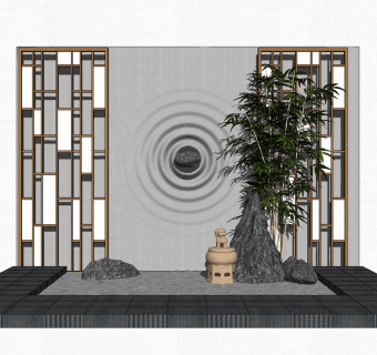中式枯山水园艺小品草图大师模型，室外造型景观设计sketchup模型免费下载
