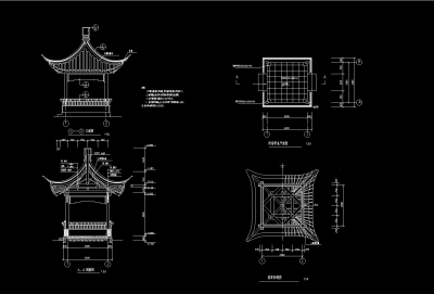 四角亭CAD建筑图，亭子CAD图纸下载