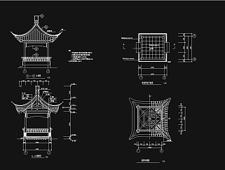 四角亭CAD建筑图，亭子CAD图纸下载