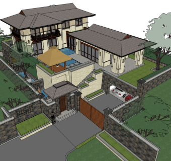 东南亚风格别墅su模型下载、东南亚风格别墅草图大师模型下载