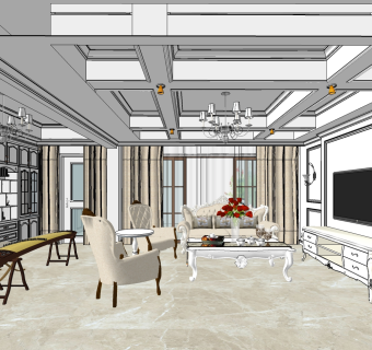  欧式客餐厅su模型，客餐厅sketchup模型下载