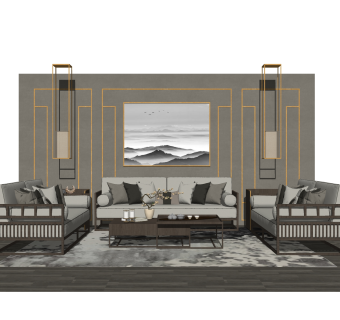 新中式沙发组合su模型，实木沙发组合skp模型下载