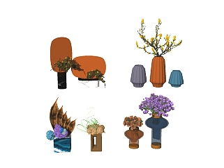 现代花瓶花卉组合skb模型分享，花瓶花卉sketchup模型...