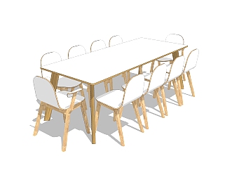 北欧实木餐桌椅su模型，10人餐桌长餐桌草图大师模型下载