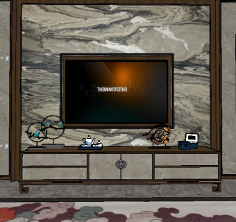 新中式电视柜背景墙组合su模型，电视柜草图大师模型下载