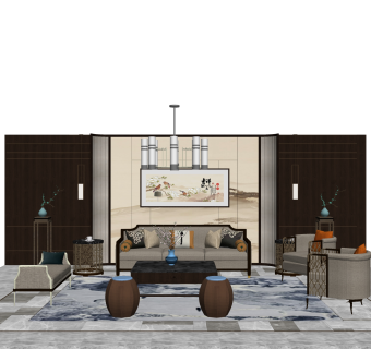 新中式轻奢沙发组合su模型，沙发组合sketchup模型下载