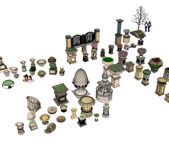 欧式花钵组合免费su模型下载、欧式花钵组合草图大师模型下载