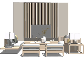 新中式实木沙发组合su模型，客厅沙发背景墙skp模型...