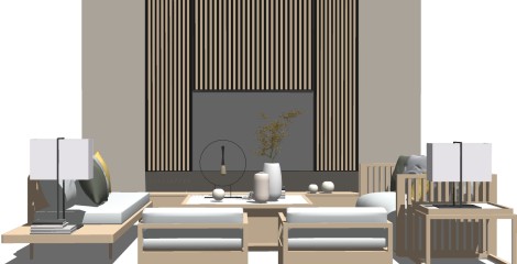 新中式实木沙发组合su模型，客厅沙发背景墙skp模型下载
