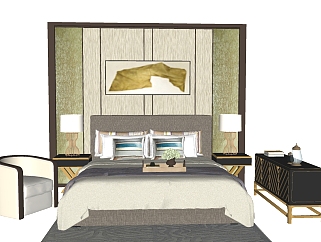 新中式床柜组合sketchup模型，床柜组合SU模型下载
