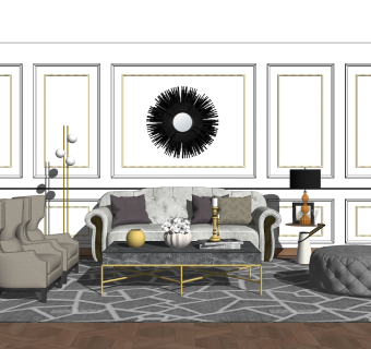 现代简欧布艺沙发草图大师模型，沙发skp模型下载