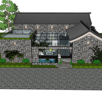 毛石民宿建筑场景sketchup模型下载