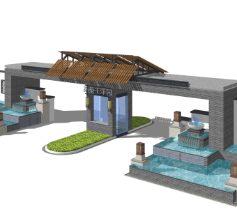 中式小区大门入口草图大师模型，小区大门入口sketchup模型免费下载