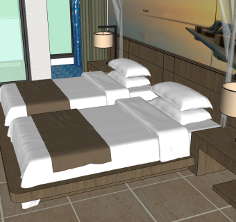 现代酒店客房免费su模型，室内设计草图模型sketchup下载