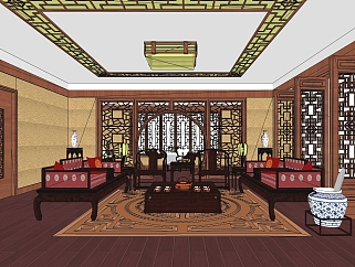 中式客餐厅su模型，客厅sketchup模型下载