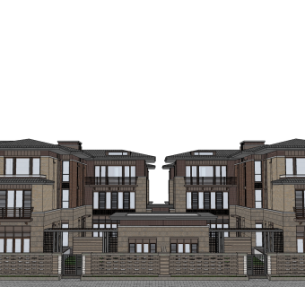 新中式别墅建筑，连排叠加别墅，SU模型免费下载