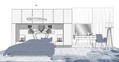 粉蓝北欧卧室草图大师模型，客厅SU模型下载