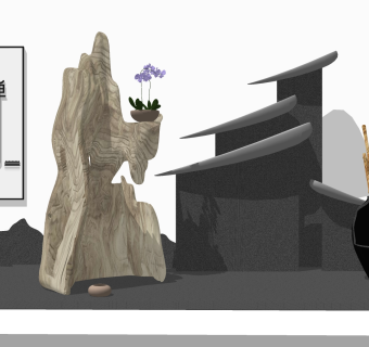 中式禅意枯山水园艺小品草图大师模型，禅意枯山水园艺小品sketchup模型下载