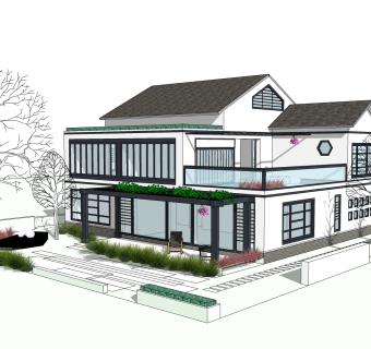 中式别墅建筑草图大师模型，古建民俗sketchup模型免费下载