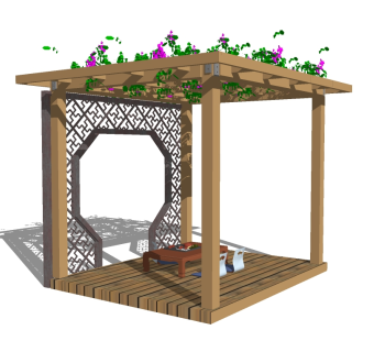 现代庭院实木花架草图大师模型，庭院实木花架sketchup模型下载
