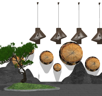 中式枯山水园艺小品草图大师模型，枯山水园艺小品sketchup模型下载