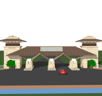 新中式景区大门入口su模型，大门入口skb文件下载