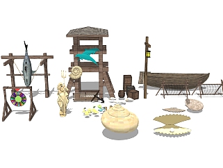 现代乡村渔文化小品skp项目，渔文化小品sketchup模型下载