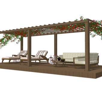现代庭院实木花架草图大师模型，庭院实木花架sketchup模型下载