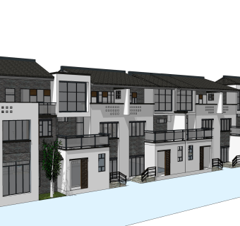新中式徽派建筑草图大师模型，古建民俗sketchup模型免费下载