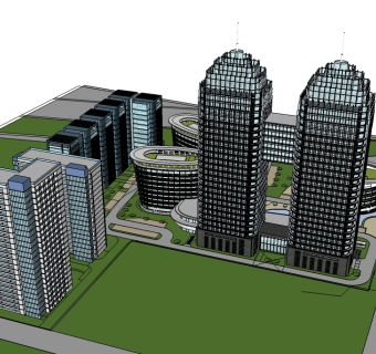 现代双子大楼商业区规划免费su模型下载、双子大楼商业区规划草图大师模型下载