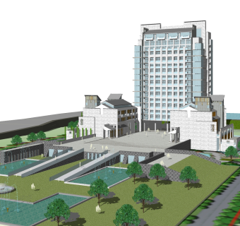 新中式办公楼草图大师模型，办公楼sketchup模型免费下载