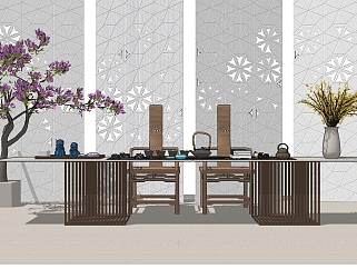 中式茶桌椅组合su模型，茶桌sketchup模型下载