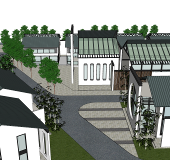 现代中式别墅群草图大师模型，别墅sketchup模型