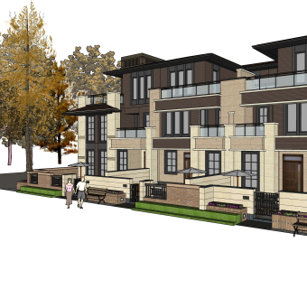 新中式连排别墅su模型下载，别墅草图大师模型分享