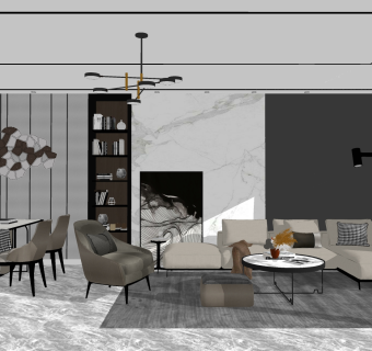 现代客厅餐厅su模型，客厅餐厅沙发茶几灯具组合草图大师模型下载