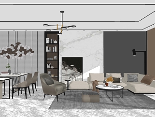 现代客厅餐厅su模型，客厅餐厅沙发茶几灯具组合草图大师模型下载