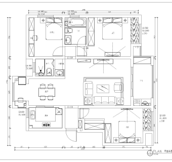 现代三室两厅130㎡山h一号简单点施工图cad图纸下载