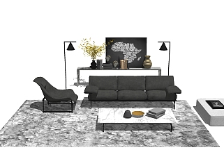 现代黑色布艺沙发su模型，沙发sketchup模型下载
