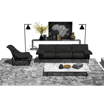 现代黑色布艺沙发su模型，沙发sketchup模型下载