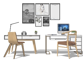 北欧书桌椅组合su模型，<em>现代书桌</em>sketchup模型下载