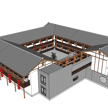 中式客栈酒店免费su模型下载、客栈酒店草图大师模型下载