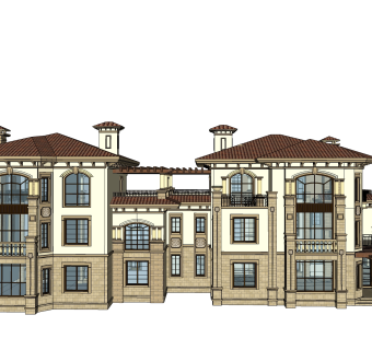 新中式别墅建筑，连排叠加别墅，SU模型免费下载